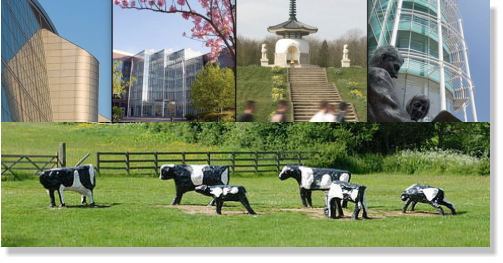 Milton Keynes Compilation Image - concrete cows, Peace Pagoda